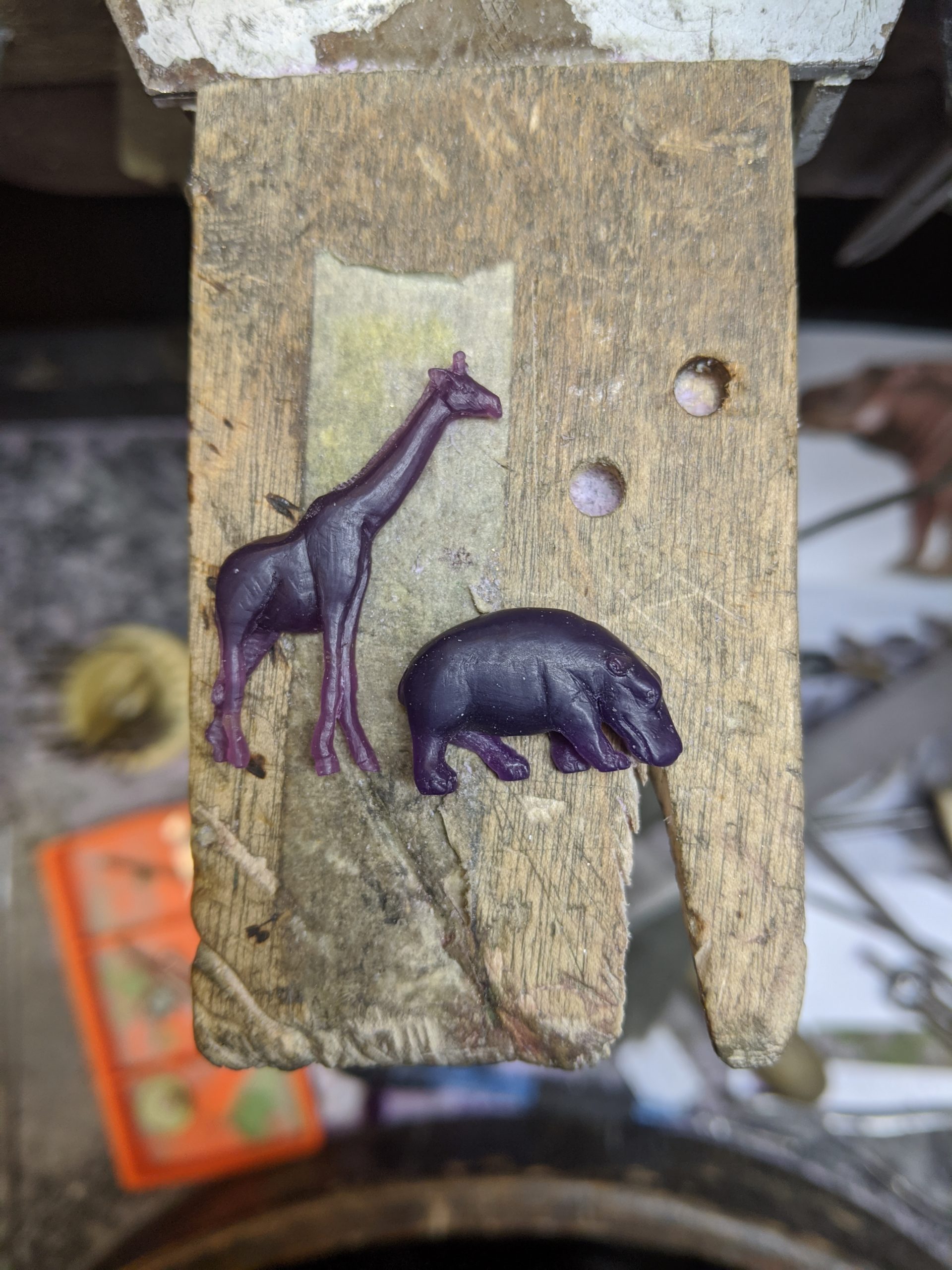 Wax giraffe and hippo carved by Jason Chandler